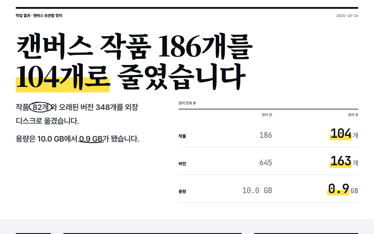 중간형 첫 화면: 세리프 헤드라인과 정리 전후 표